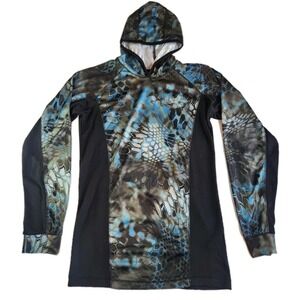 HUK KRYPTEK NEPTUNE Hooded Shirt Mens‎ Small Blue Green Camo Black Fishing